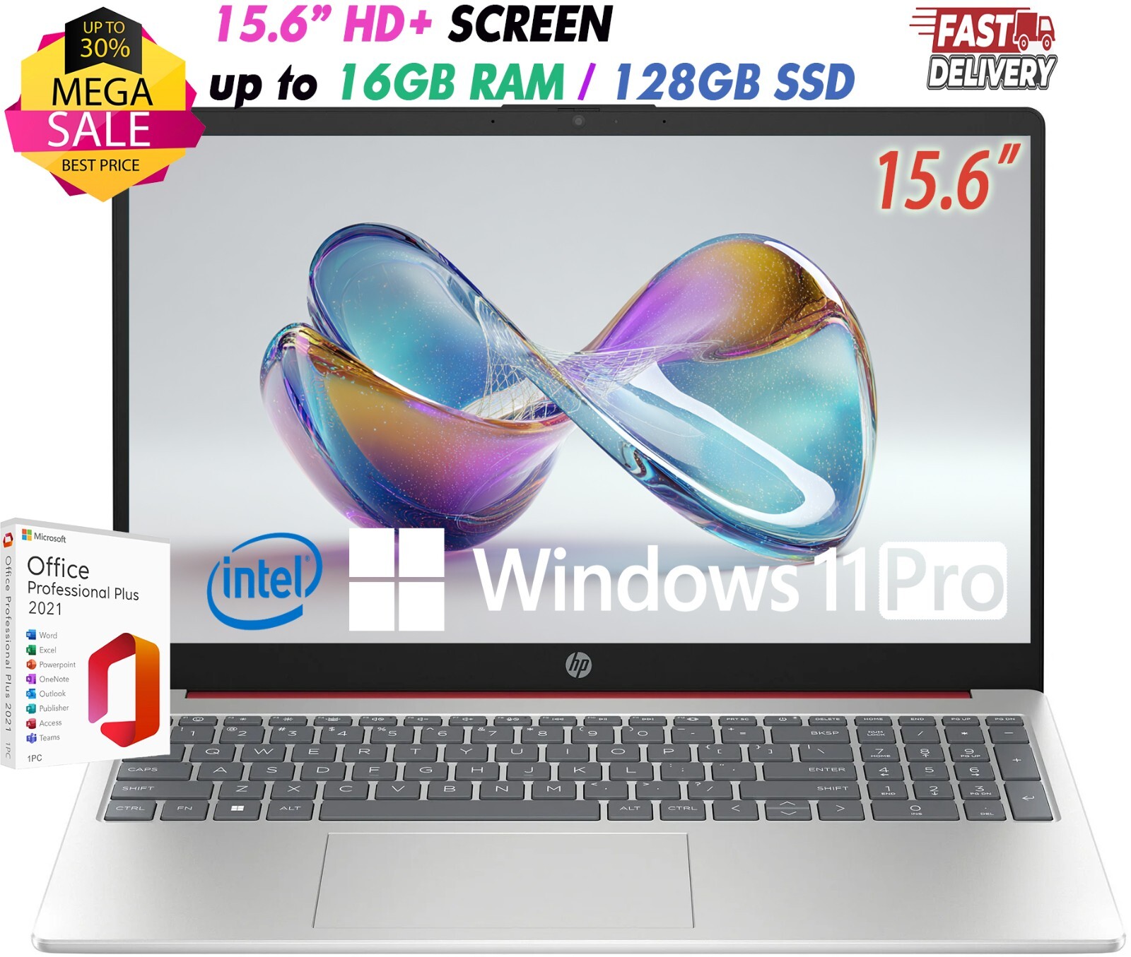 HP Slim Laptop 15.6" Intel N200 Up to 16GB RAM & 128B SSD Win11 Pro+OFFICE - Red