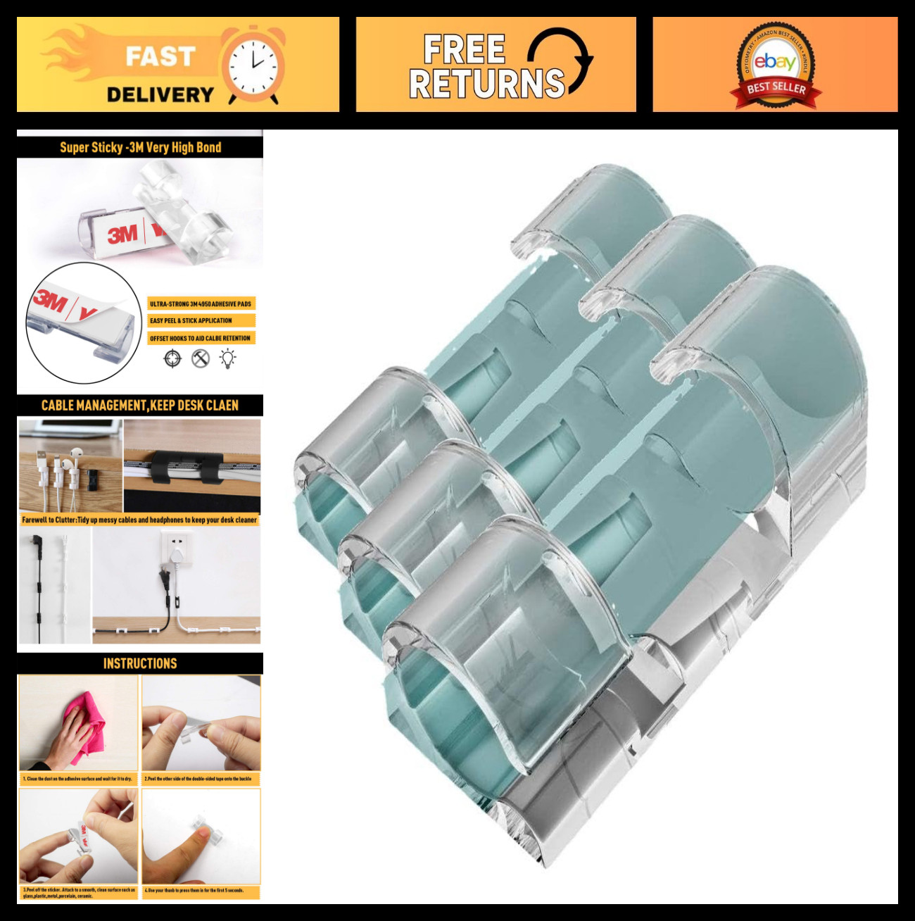 Self-Adhesive Cable Clips - 40 Pcs Clear Wire Holder Organizer for TV & PC