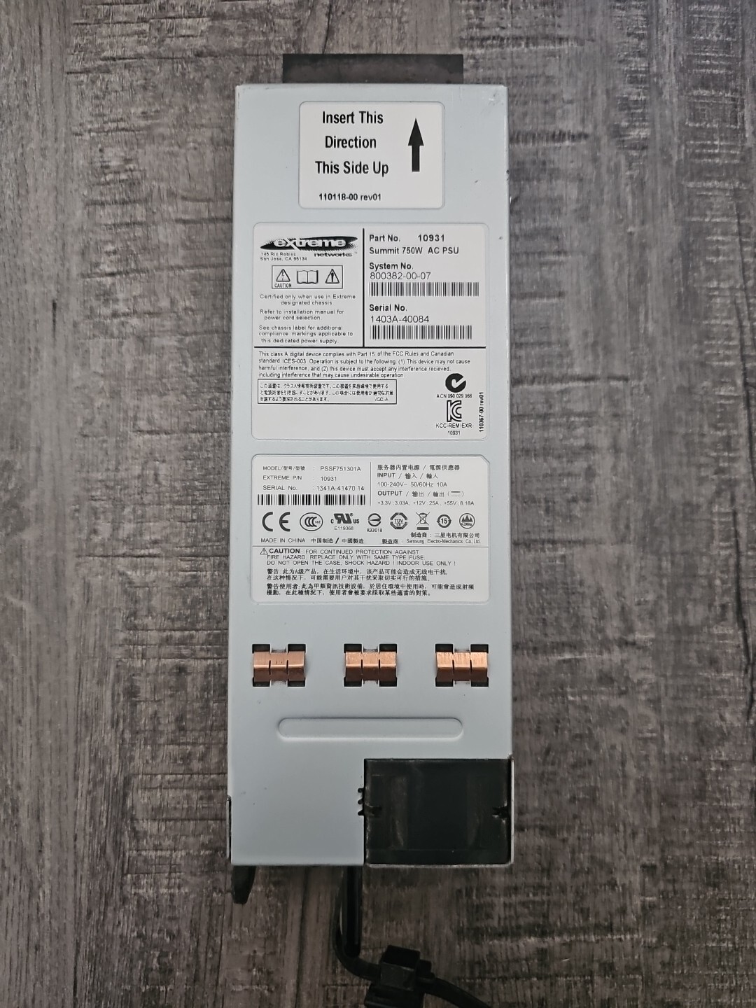 Extreme Networks 10931 PSSF751301A Summit 750W PoE AC Power Supply X460 Series
