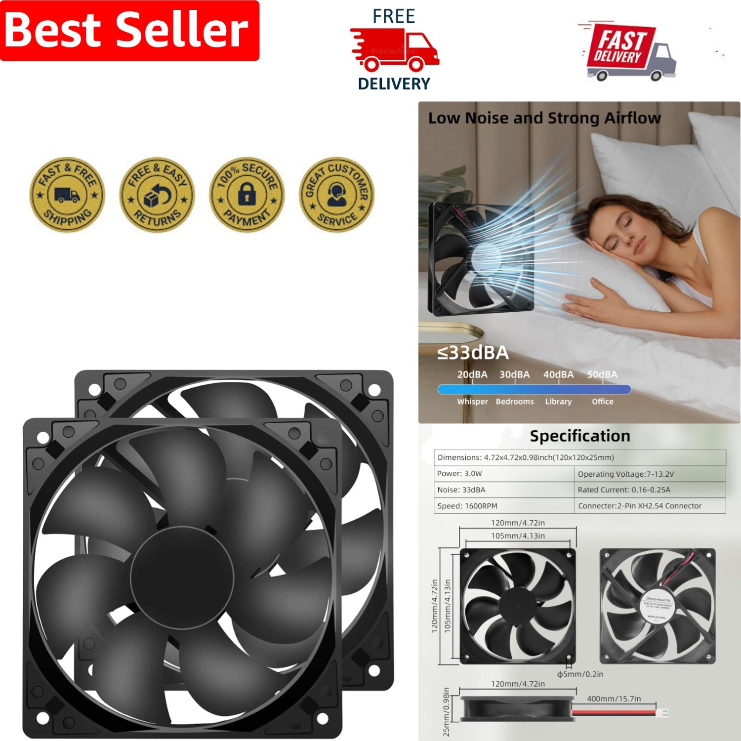 Efficient 12V 120mm Cooling Fans | 2-Pack with Easy Installation Components