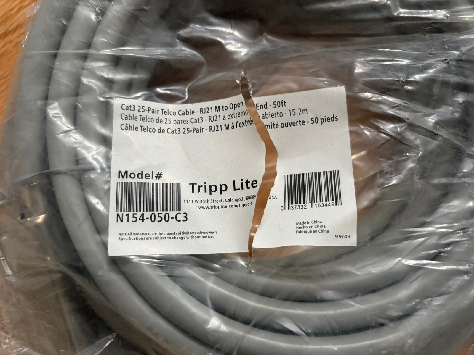 25 Pair  telco Amphenol CAT3 Trunk Cable 50-Pin Male to open PBX AMP RJ21 50ft