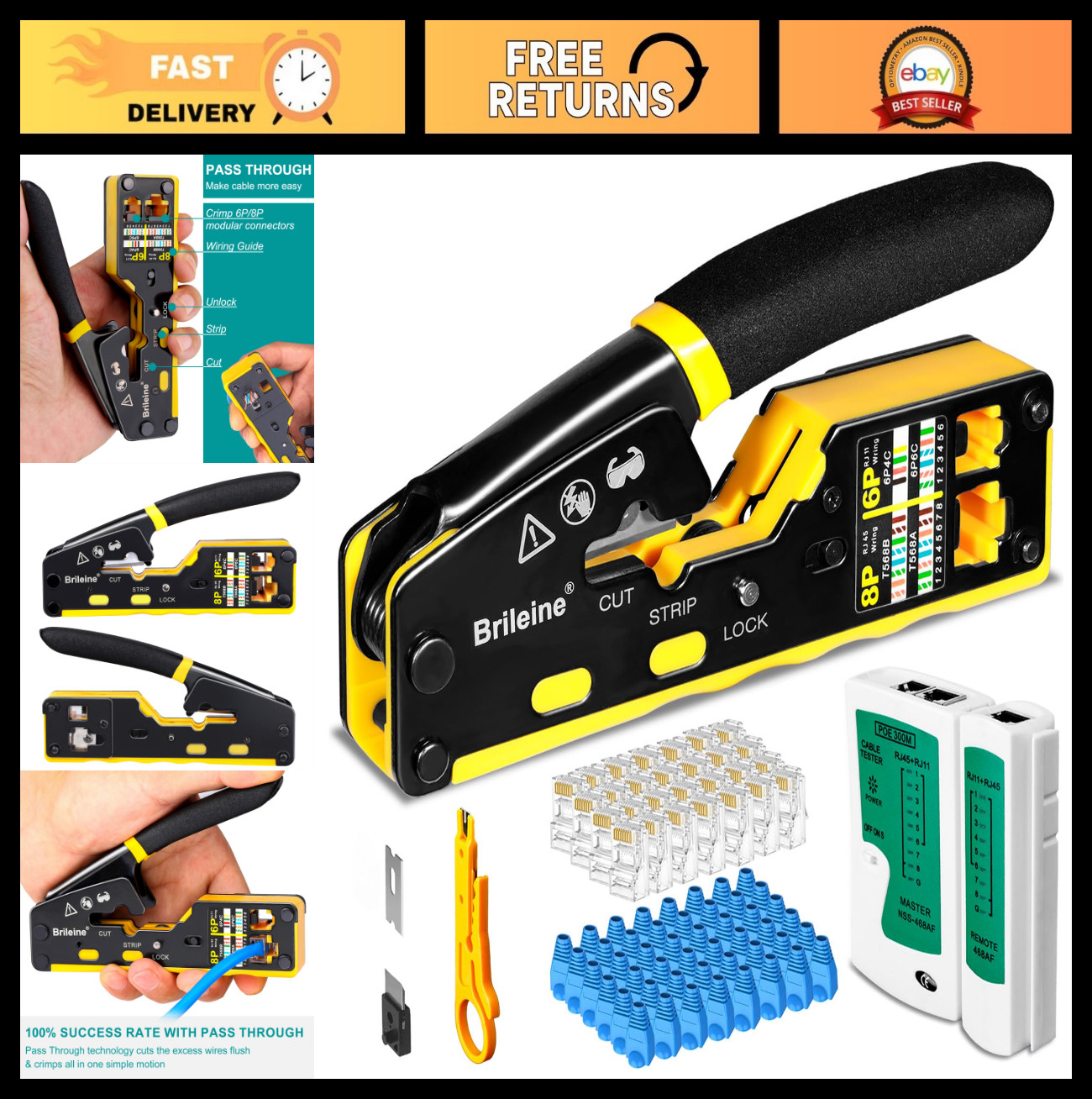 Ethernet Crimping Tool Kit - RJ45 Pass Through Crimper, 50 Cat6 Connectors & Tes