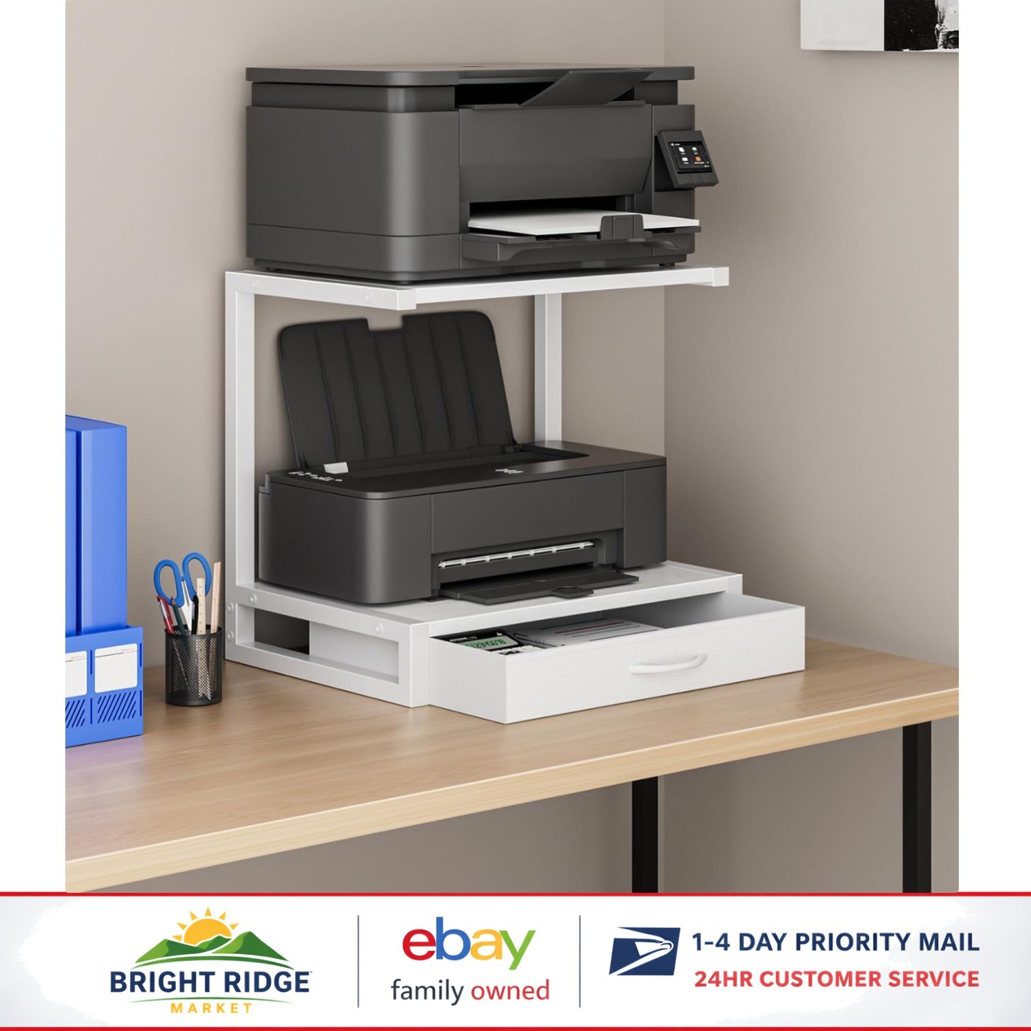2-Tier Desktop Printer Stand with Storage Drawer for Home Office Organization