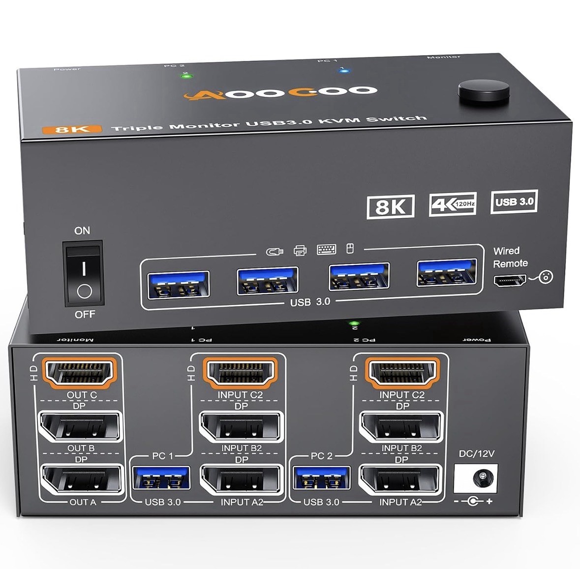 AOOCOO 8K@60Hz Triple Monitor KVM Switch 2 PC 3 Monitor HDMI 2.1 DP 1.4