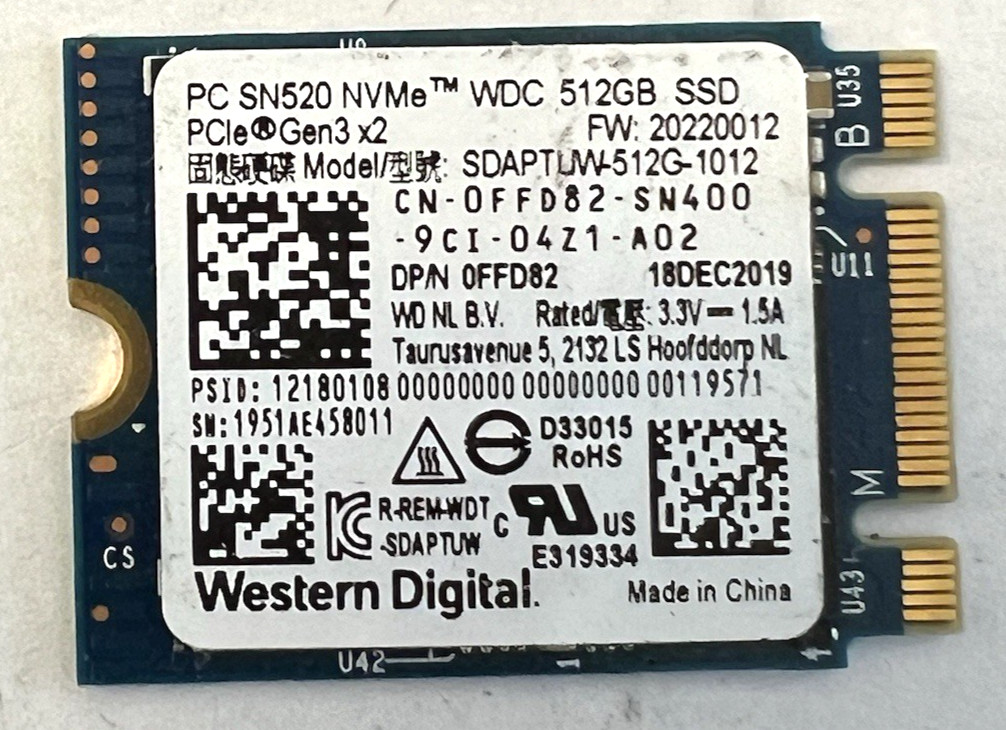 Western Digital 512GB SN520 NVMe WD PCIe Gen3 SSD SDAPTUW-512G-1012 Dell FFD82