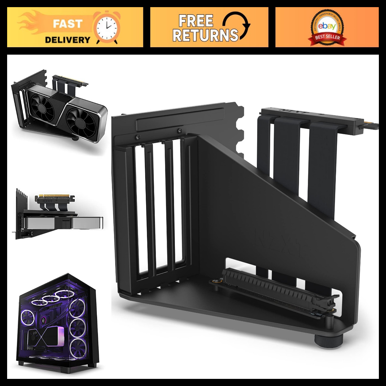 Vertical GPU Mounting Kit - 175mm PCIe 4.0 Riser Cable - Sturdy Steel Bracket -