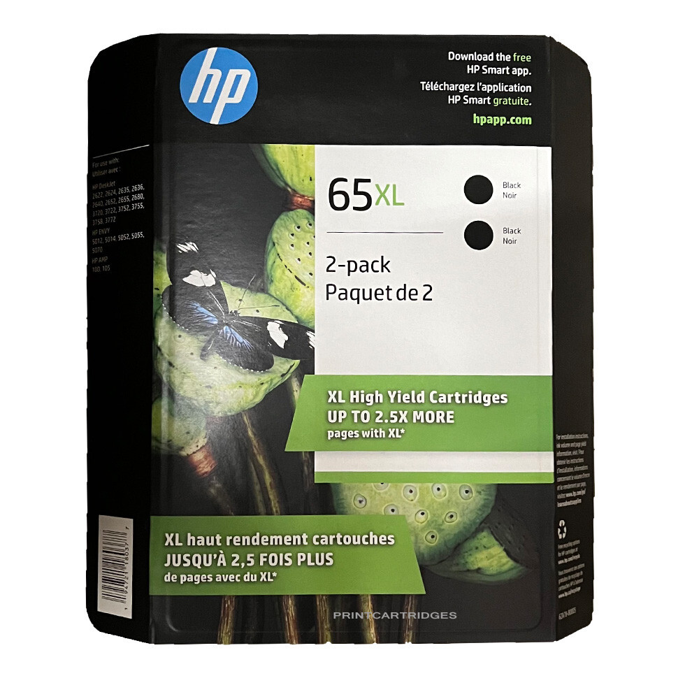 2pcs Genuine HP 65XL Black Ink Cartridges