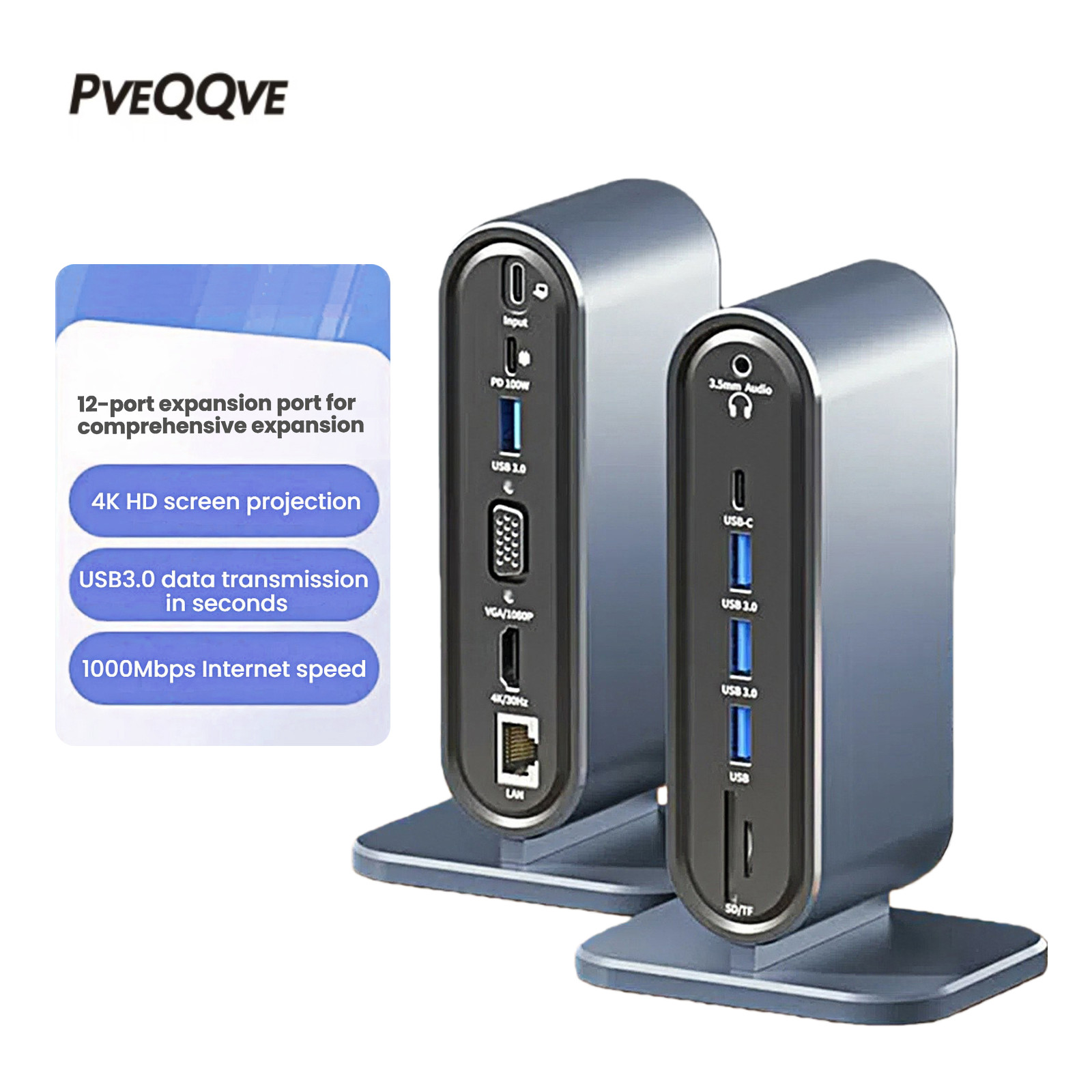 12 in 1 Laptop Docking Station Dual Monitor 4K HDMI+VGA,100W PD,SD/TF,RJ45