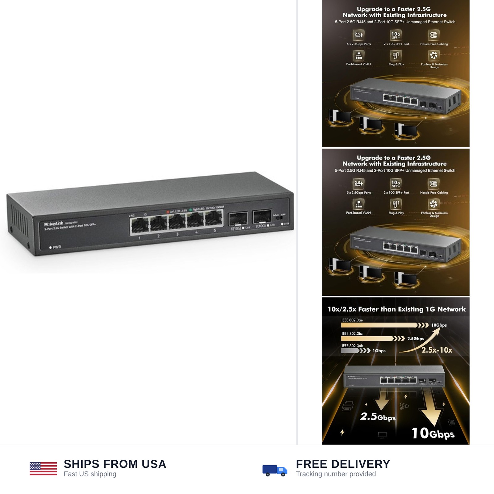 MokerLink 5 Port 2.5Gigabit Ethernet Switch with 2x10G SFP Slot, 5 x 2.5G Bas...