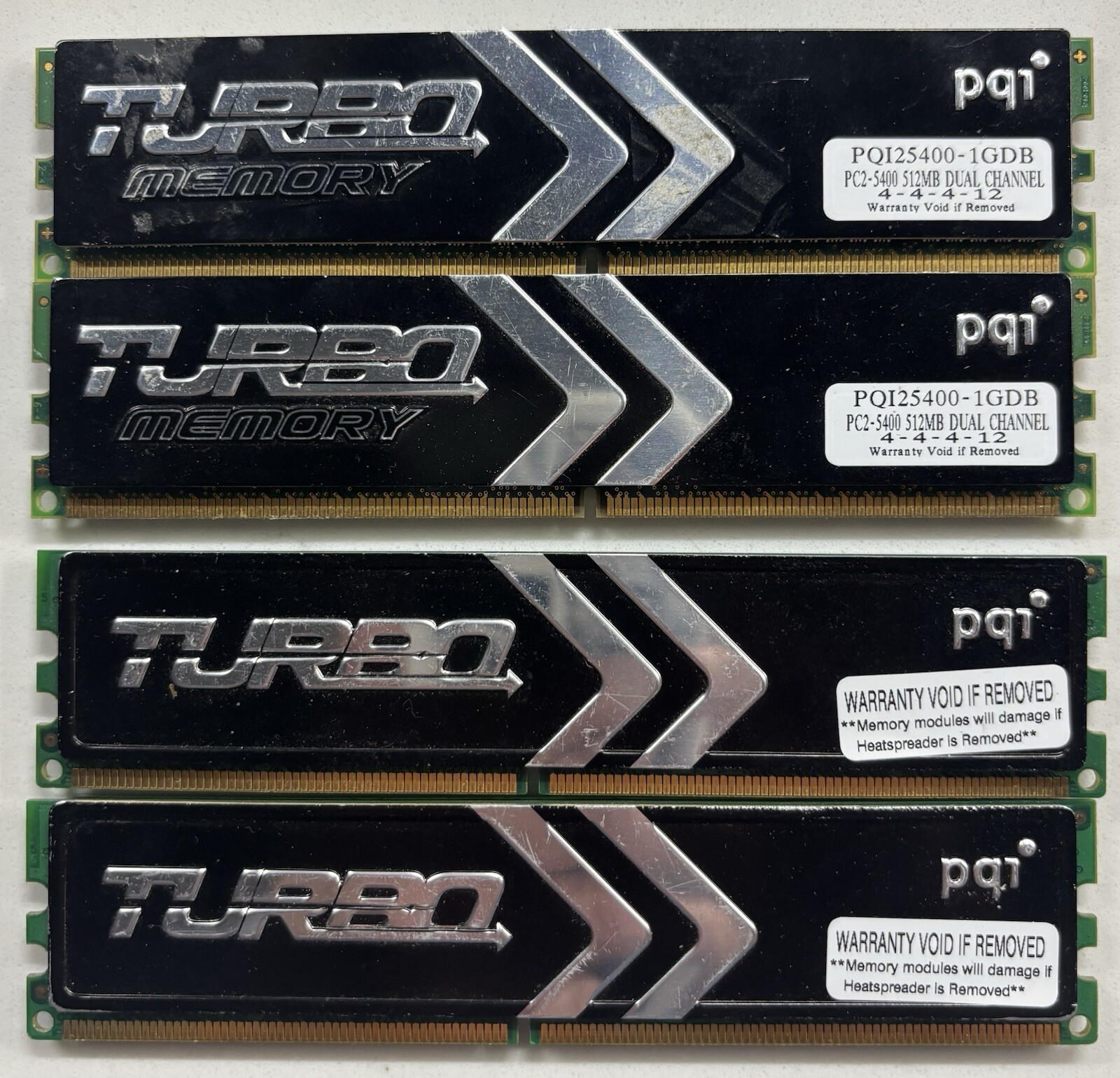 Four PQI Turbo DDR2 RAM modules. Type: DDR2 SDRAM MSpeed: PC2-5400 1GB  240-pin