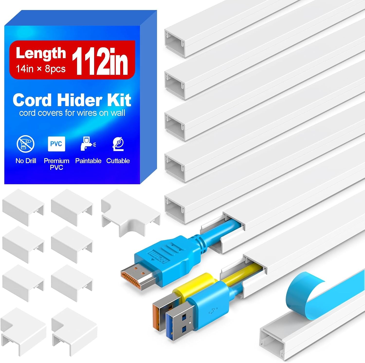 112in Cord Hider Kit, Cord Covers for Wires on Wall, Premium One-Cord Cable Hide