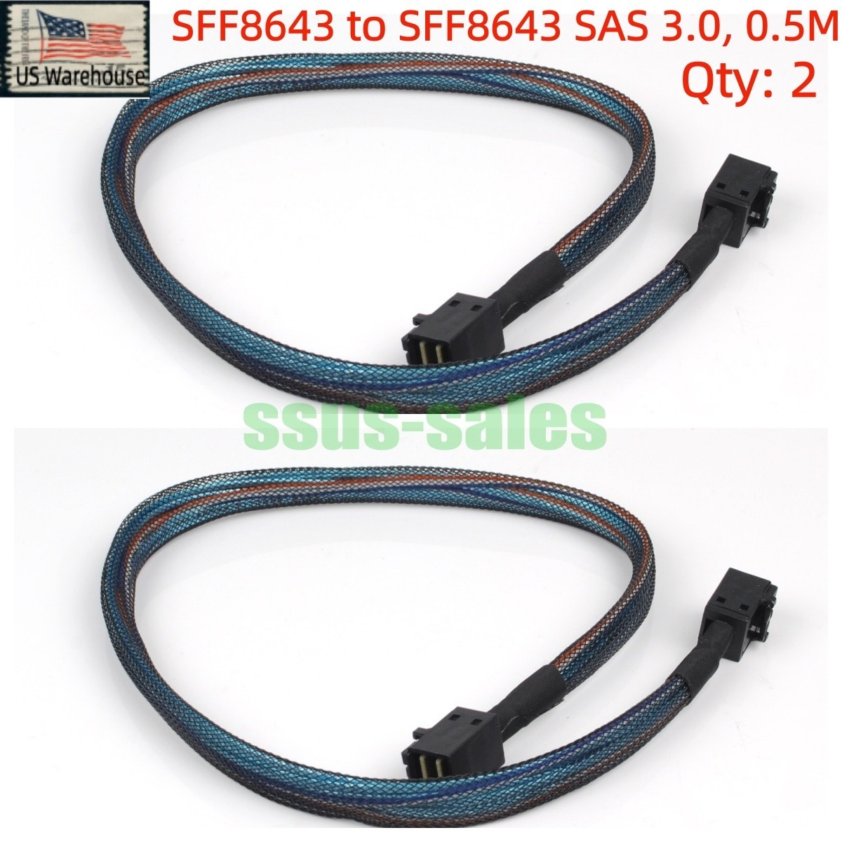2PCS 50CM SFF-8643 to SFF-8643 SAS 3.0 Cable 12Gbps Mini SAS HD Server Wire