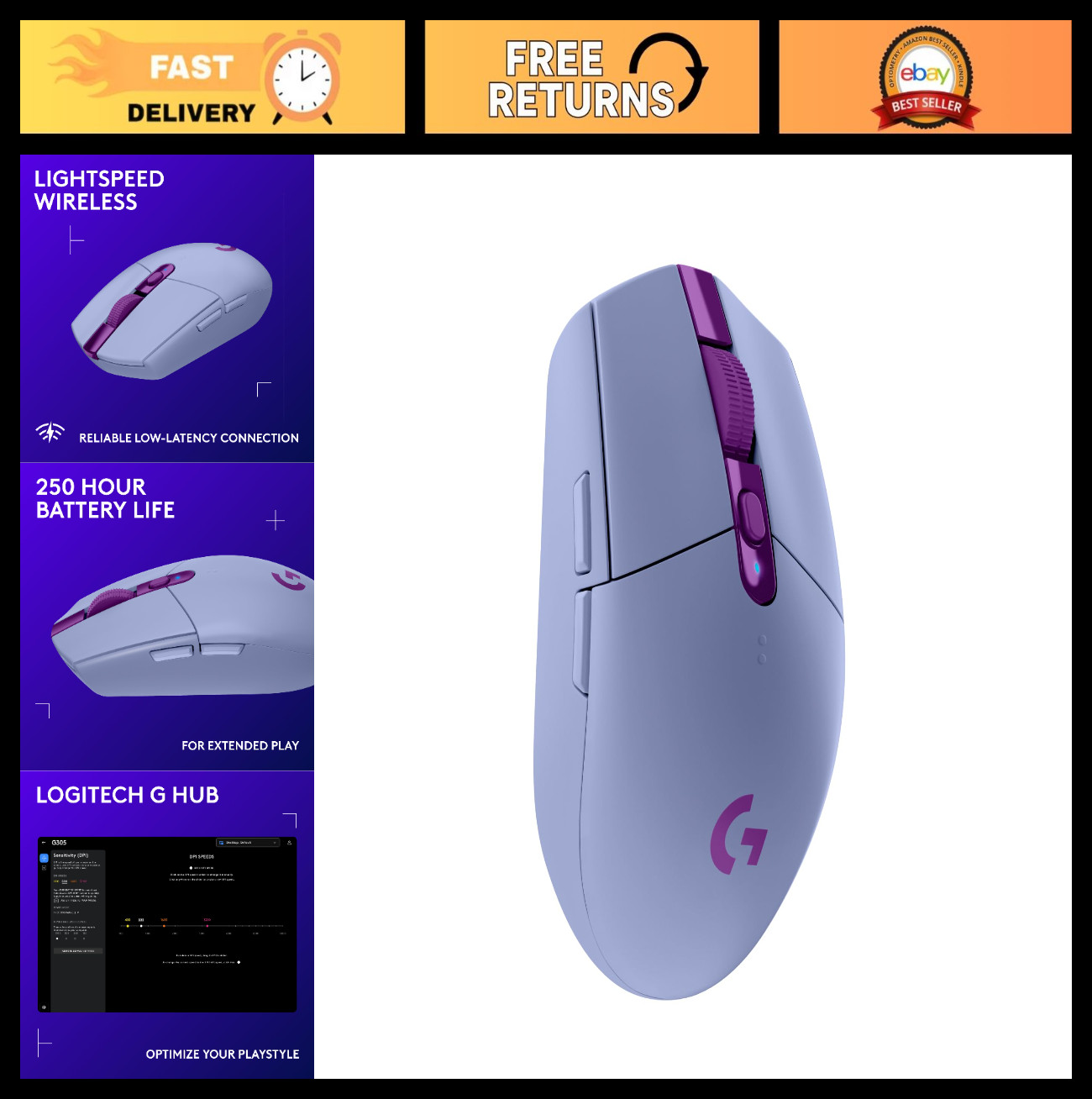 Wireless Gaming Mouse, Lightspeed Technology, Ergonomic Design, Lilac Color