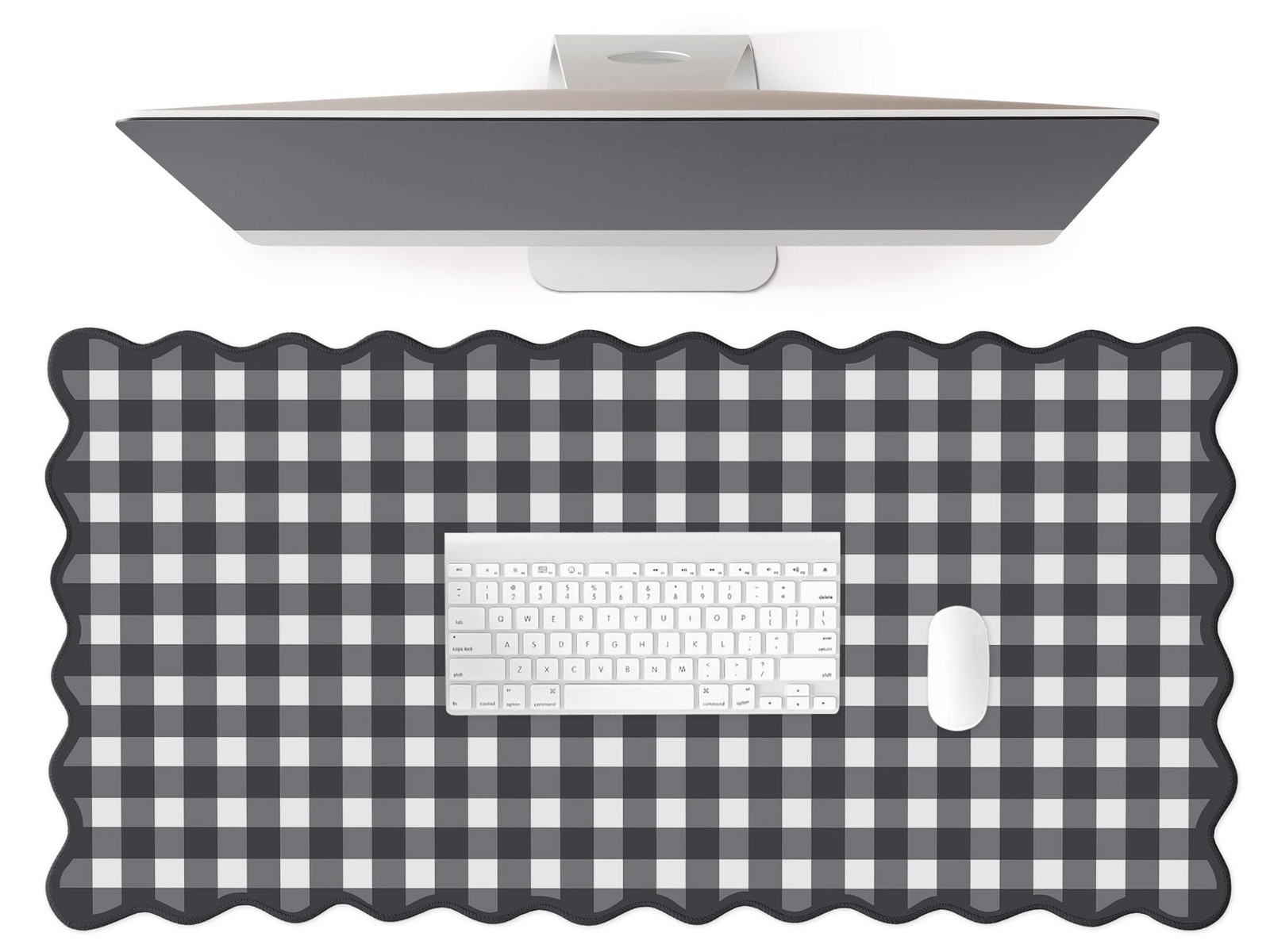 Scalloped‌ Black Desk Mat Checkered Gingham Cute XXL Large Gaming Pad Kawaii ...