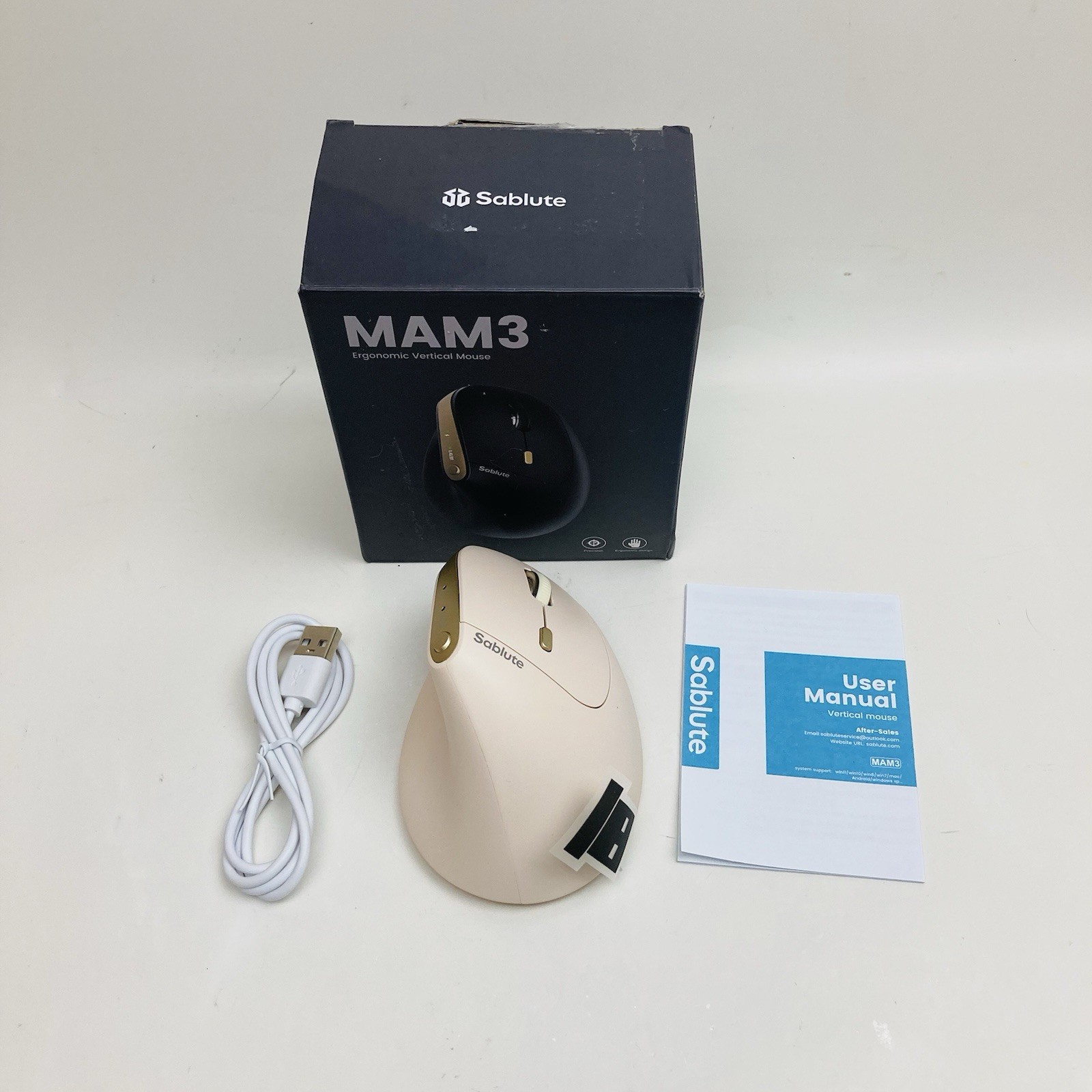 Beige Sablute MAM3 Wireless Ergonomic Vertical Optical Mouse 2400 DPI