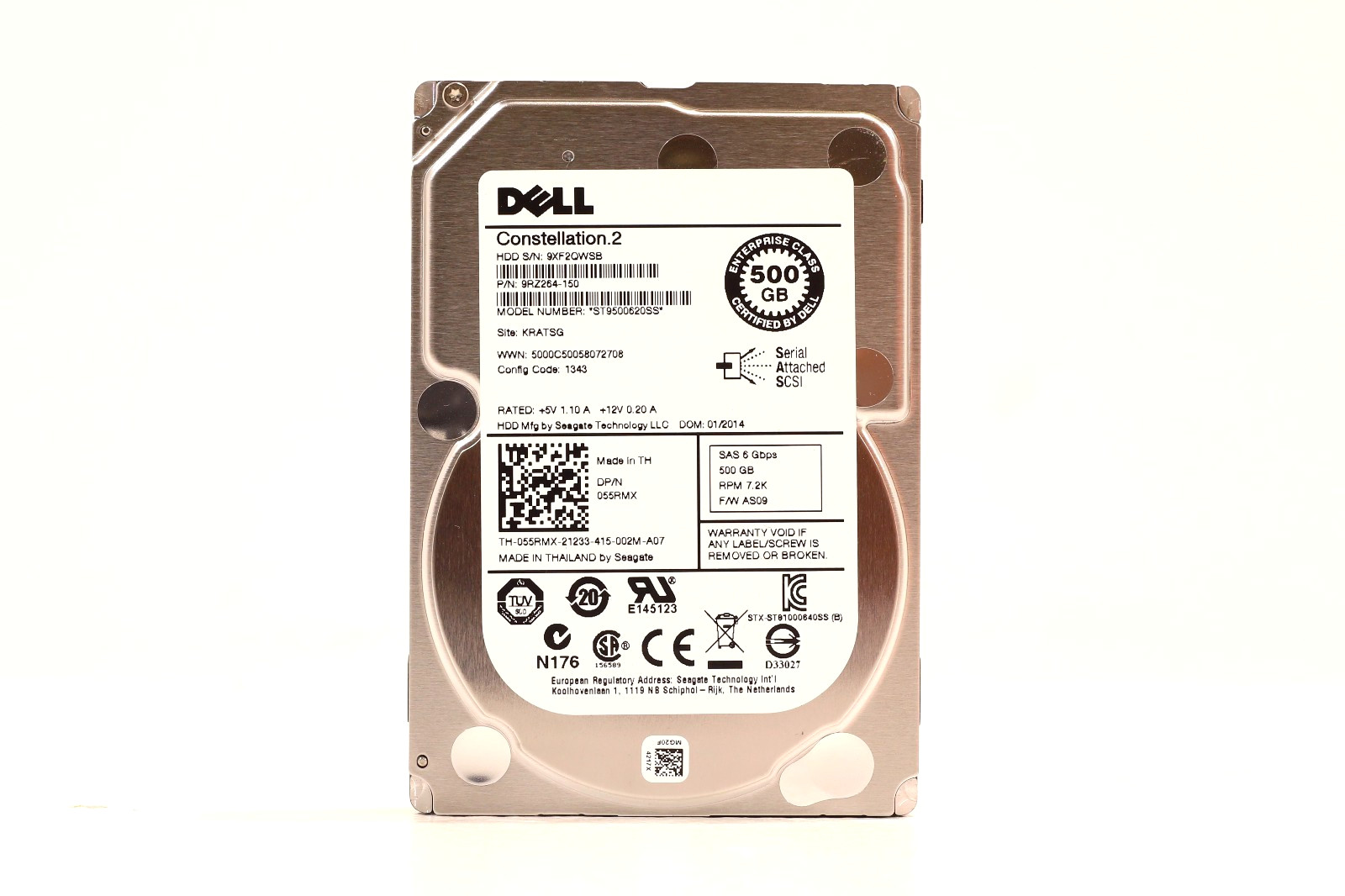 Dell ST9500620SS 500GB 2.5" 6Gb/s 7.2K RPM SAS Drive Dell P/N:055RMX Tested