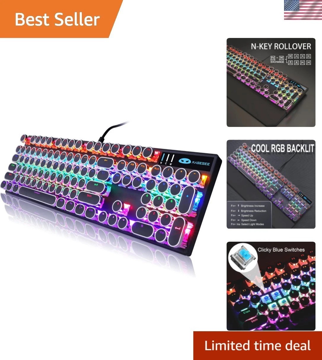Typewriter Style Mechanical Gaming Keyboard, Black Retro Punk Gaming Keyboard...