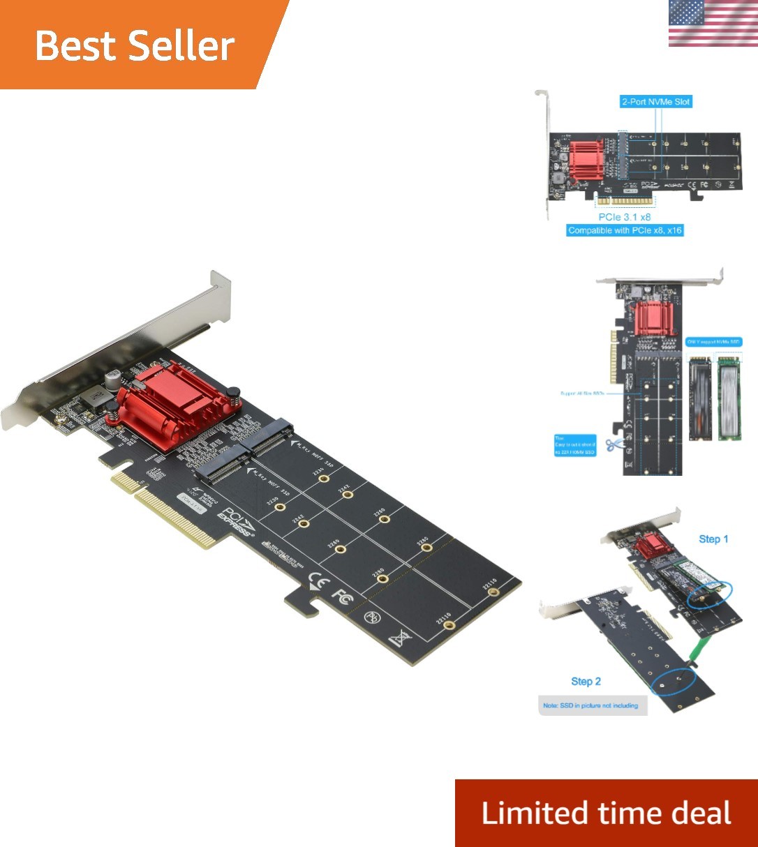 Dual NVMe PCIe Adapter, M.2 NVMe SSD to PCI-e 3.1 x8/x16 Card Support M.2 M K...