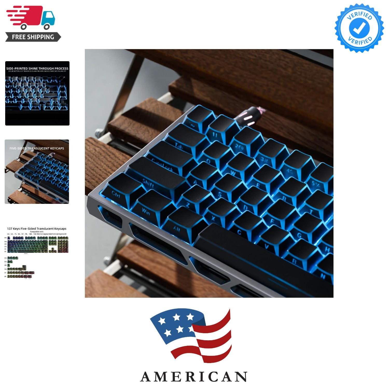 XVX Shine Through PBT Keycaps, Black Prism Keyboard Keycaps, Side Printed Tra...
