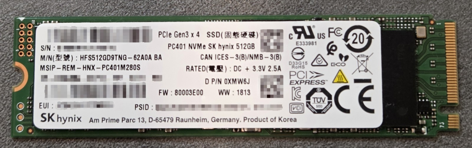 SK hynix PC401 512GB NVMe M.2 SSD PCIe Gen3 HFS512GD9TNG-62A0A Tested Good 95%