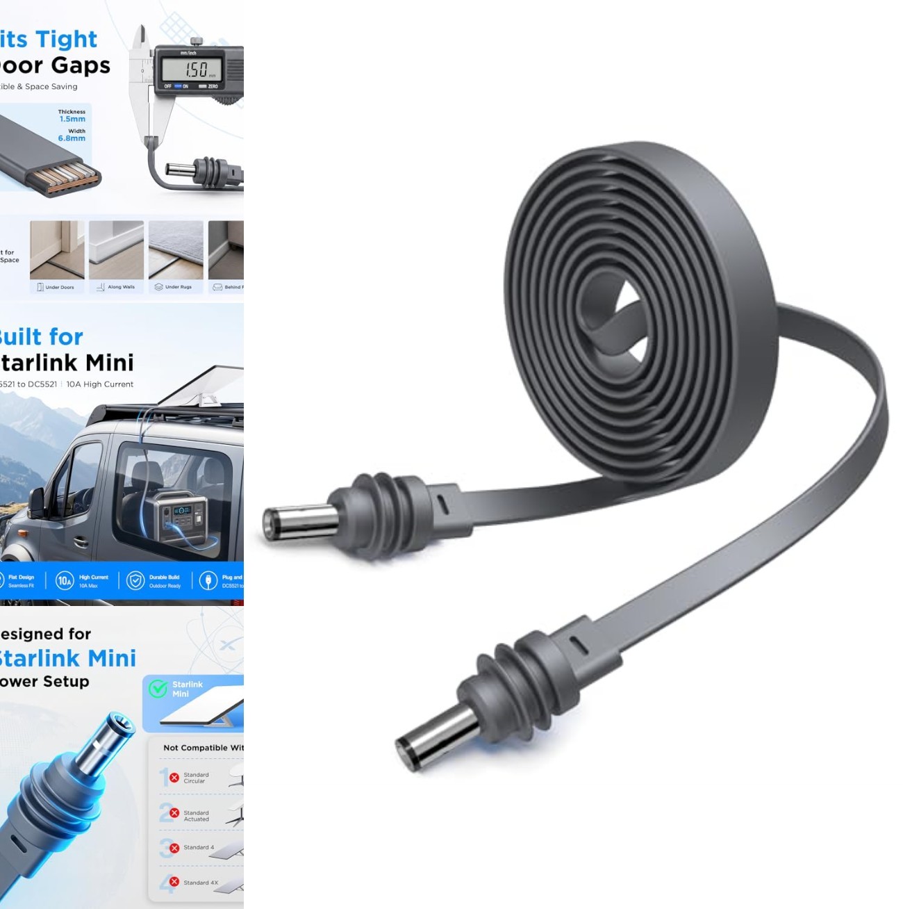 Flat Starlink Mini DC Power Cable 16.4 FT 5M 18AWG Waterproof for RV Van Truck