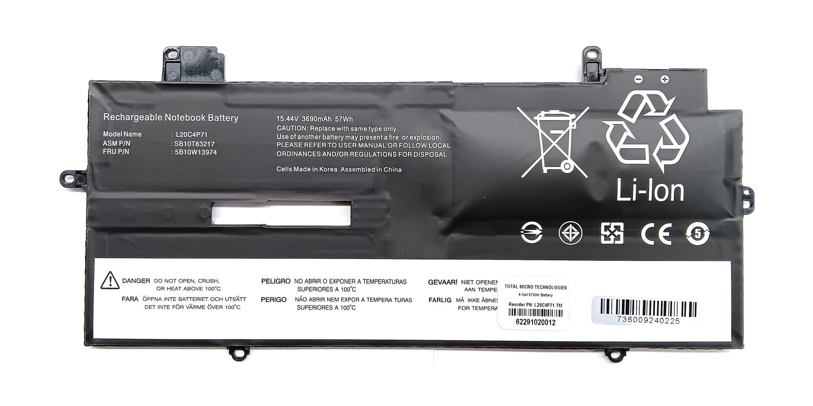Battery Total Micro L20C4P71-TM 4-cell Battery - 57 Watt-hours, 3690 mAh - 15.44