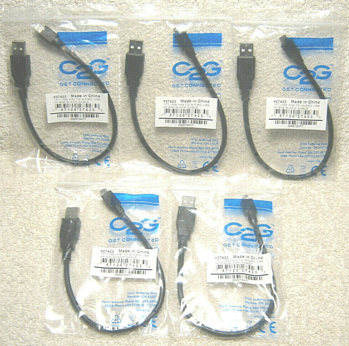 C2G 1FT USB 2.0 A TO MICRO-USB B CABLE - USB CABLE - PHONE CHARGING CABLE QTY 5 