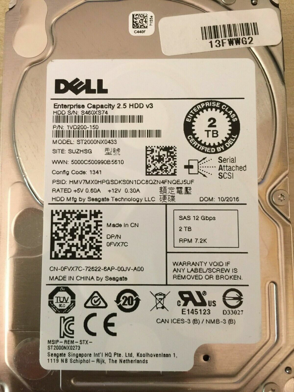 Compatible NEW Dell SFF 2TB 7.2K SAS 12Gb/s 2.5in 2.5" Seagate ST2000NX0433 HDD