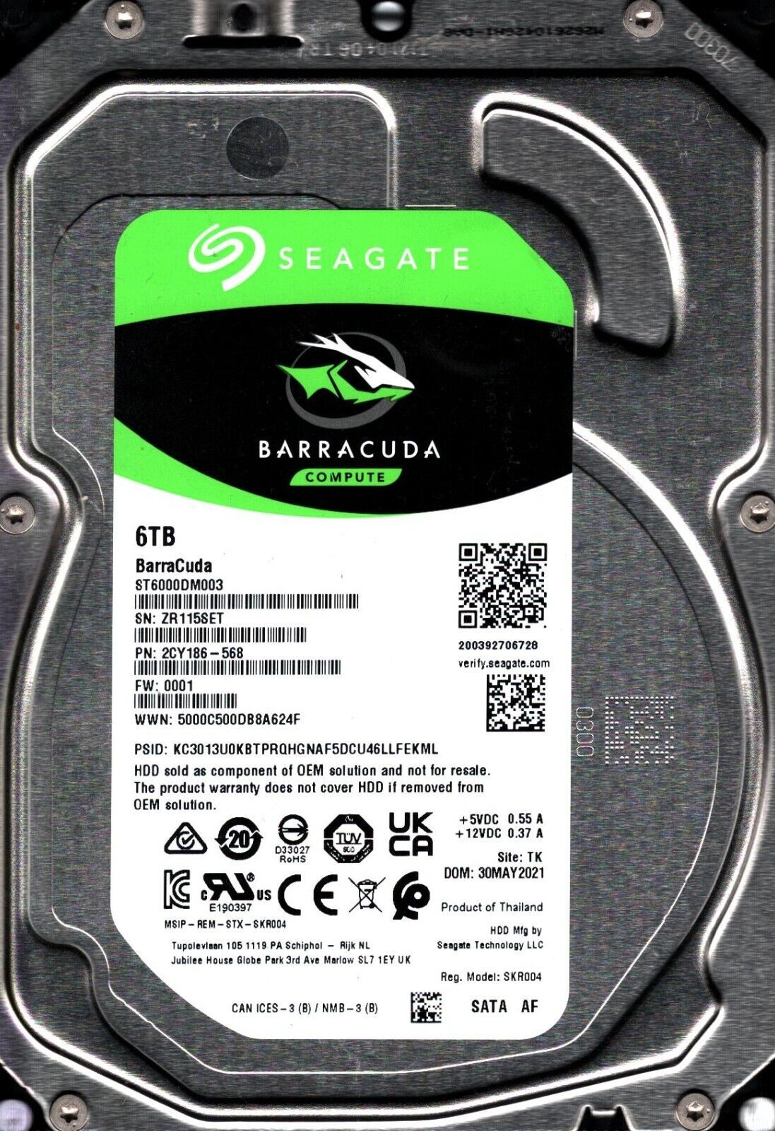 ST6000DM003 P/N: 2CY186-568 F/W: 0001 S/N: ZR11 TK 6TB MAY 2021 THAILAND SEAGATE