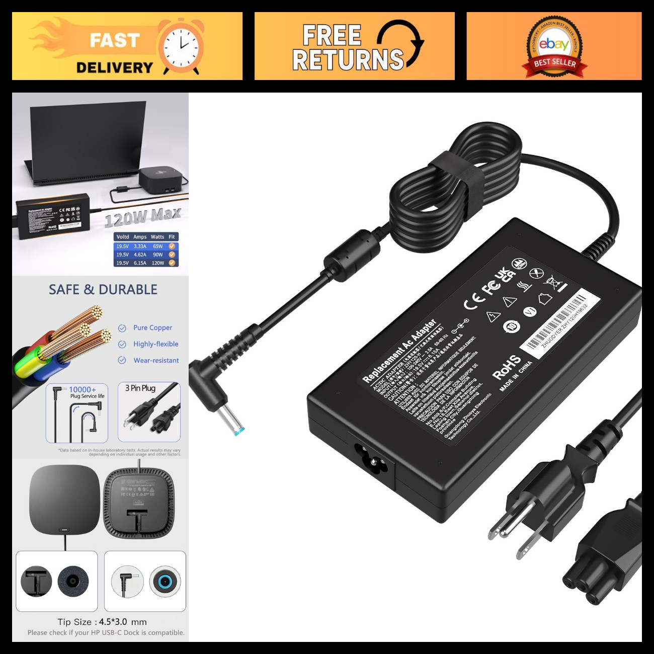 120W Universal Laptop Charger Power Supply for HP Docking Station USB-C/A, Envy