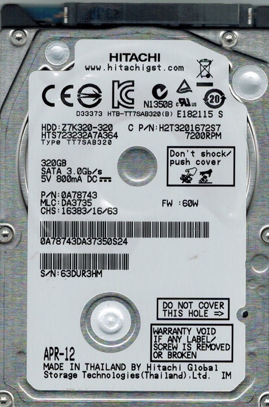 Hitachi HTS723232A7A364 320GB P/N: 0A78743 MLC: DA3735