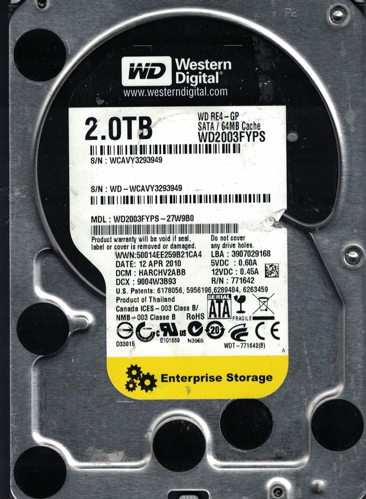 Western Digital WD2003FYPS-27W9B0 12 Apr 2010 DCM HARCHV2AAB