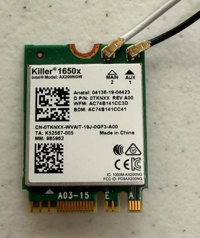 Dell Killer 1650x AX200NGW WiFi 6 Bluetooth M.2 Card 0TKNXX Antennas