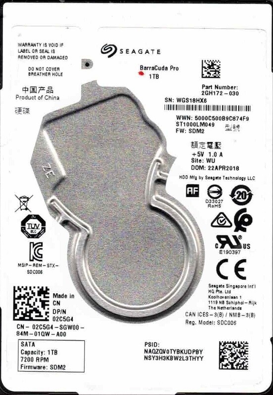 ST1000LM049 P/N: 2GH172-030 F/W: SDM2 WU WGS1 APR 2018 Seagate BarraCuda Pro 1TB