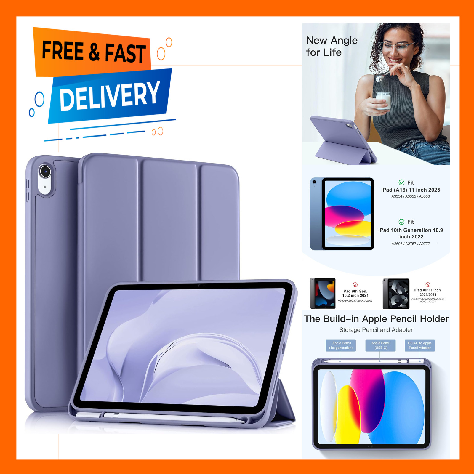 Light Purple iPad A16 11th Gen Case 10th Generation Cover with Pencil Holder