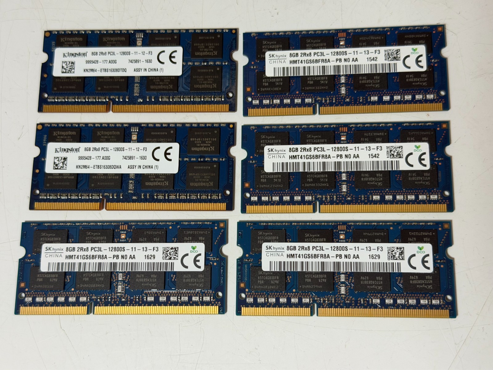 Lot of 6- 8GB DDR3 SO-DIMM Laptop Memory PC3L 12800s  Mixed Brands