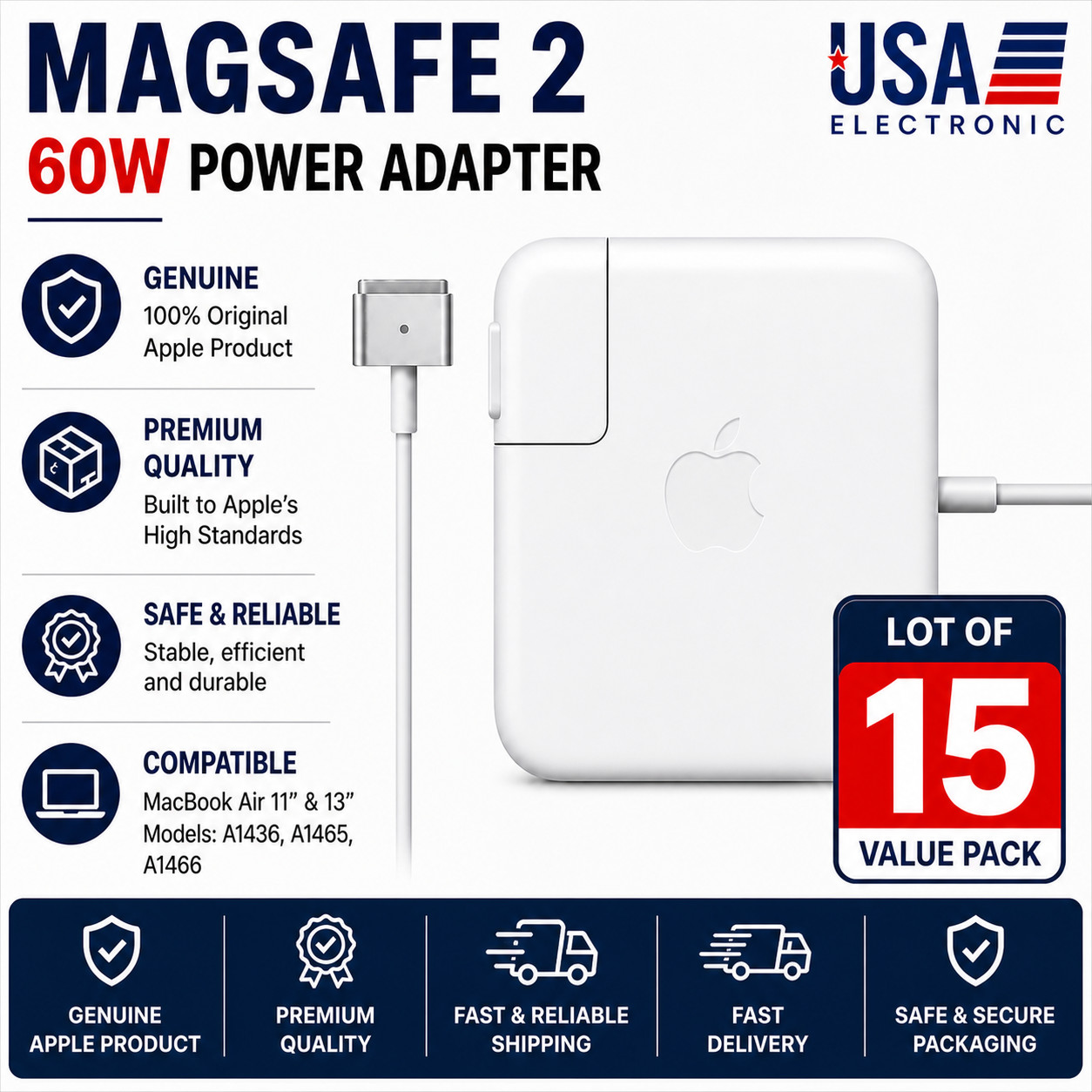 NEW Genuine 60W Magsafe 2 Power charger Adapter Lot of 15