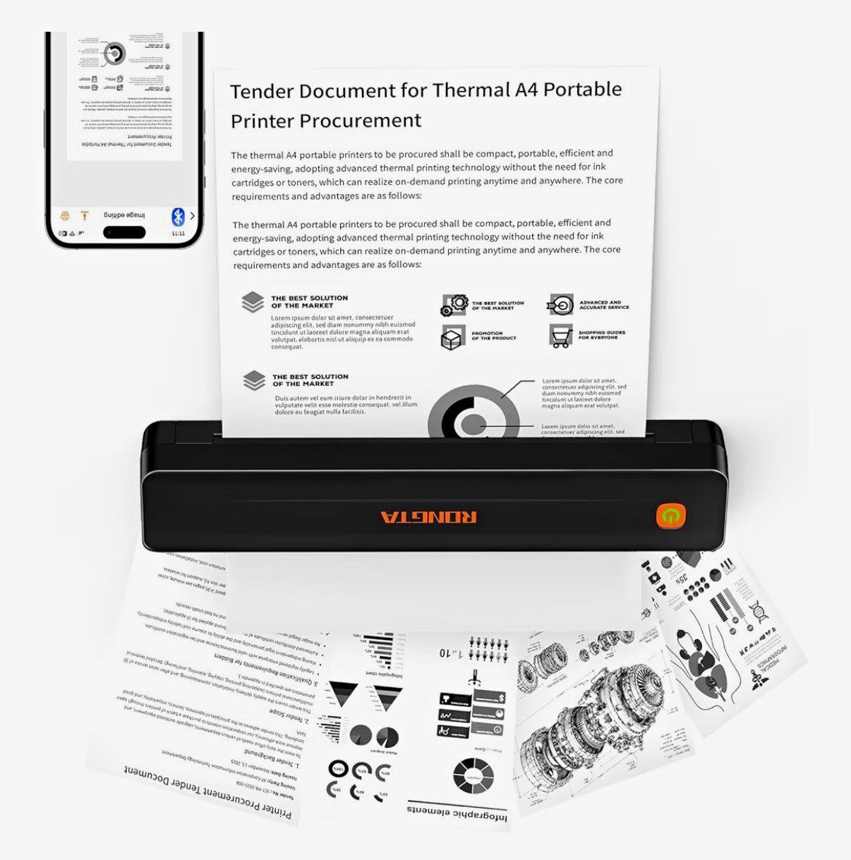 RONGTA Portable A4 Thermal Printer, Bluetooth, Black & White, Black