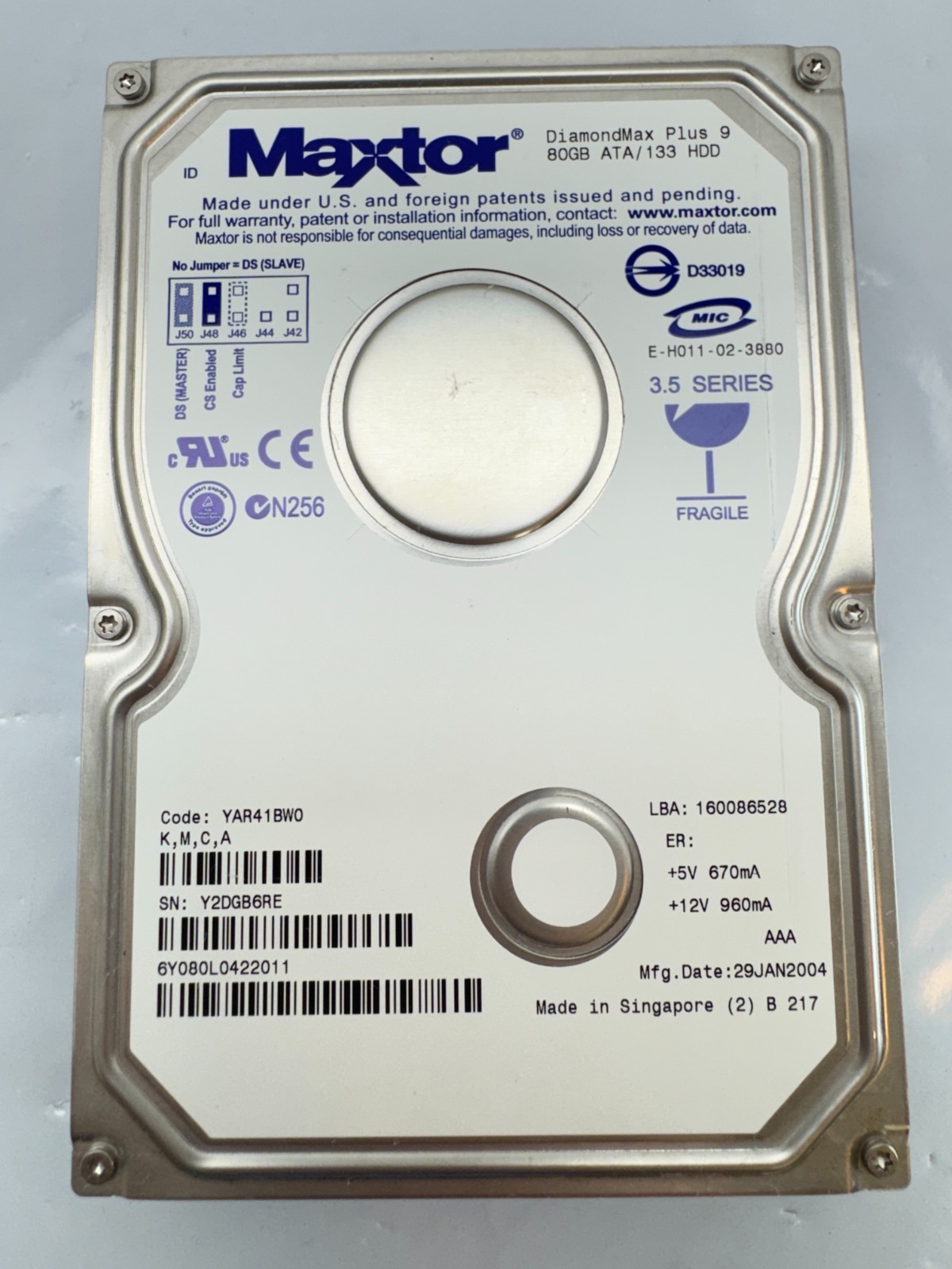 Maxtor DiamondMax Plus 9 80GB 3.5" IDE Hard Drive 6Y080L0 ATA/133 2004 Retro PC