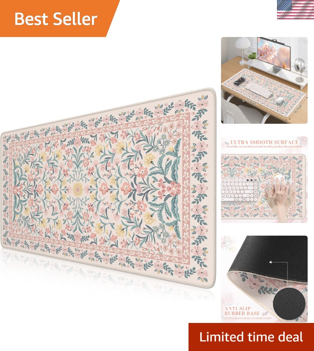 Elegant Pink Floral Desk Mat 35.4x15.7in - Non-Slip, Water-Resistant Mouse Pad