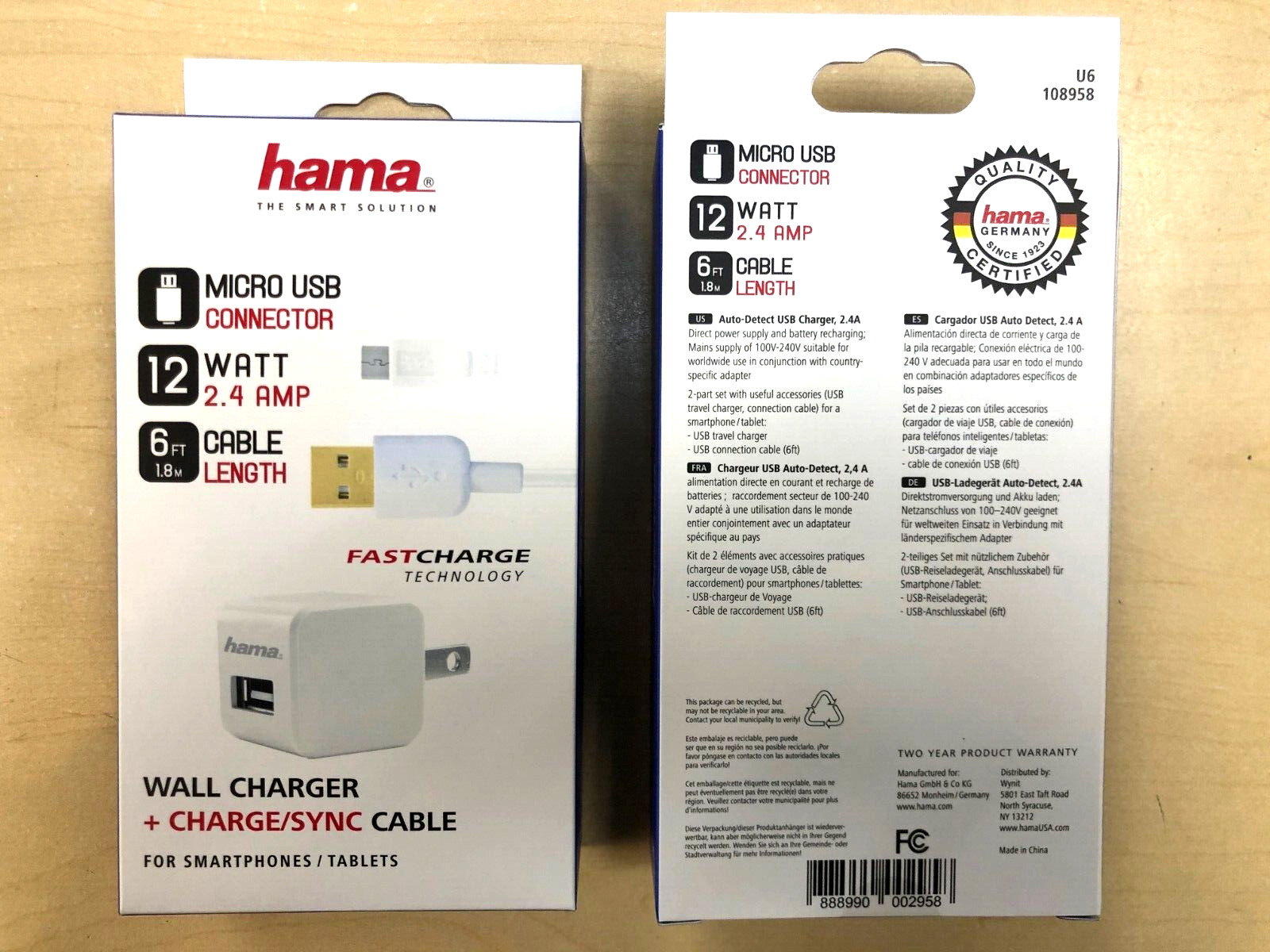 2X OEM HAMA 2.4 Amp Wall Home Charger Cube & 6FT Micro USB Cable Combo
