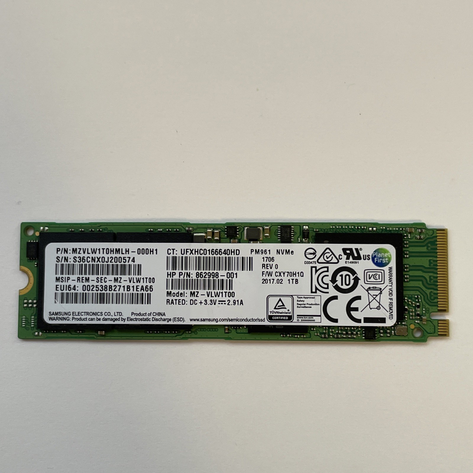1TB SSD - SAMSUNG PM961 PCIe-NVMe M.2 2280 Gen3.0 x4 MZ-VLW1T00