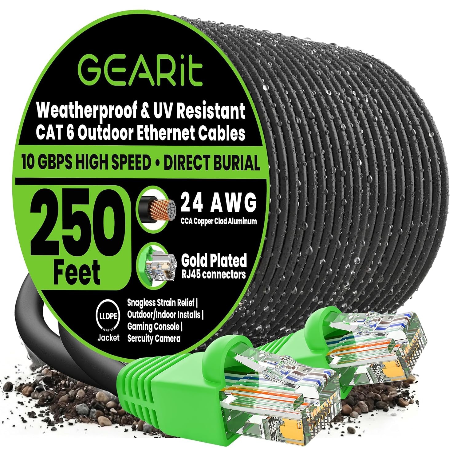 250ft Black Cat 6 Outdoor Direct Burial Ethernet Cable 250 Feet Outdoor Use