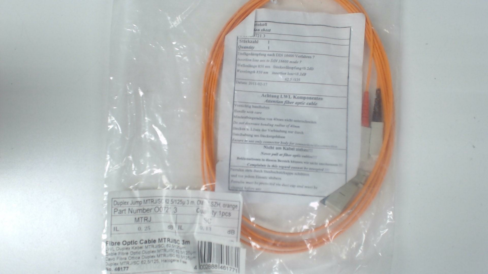 3m Fiber Optic Cable MTRJ / SC - Duplex Jumper Cable 62.5/125 - Orange
