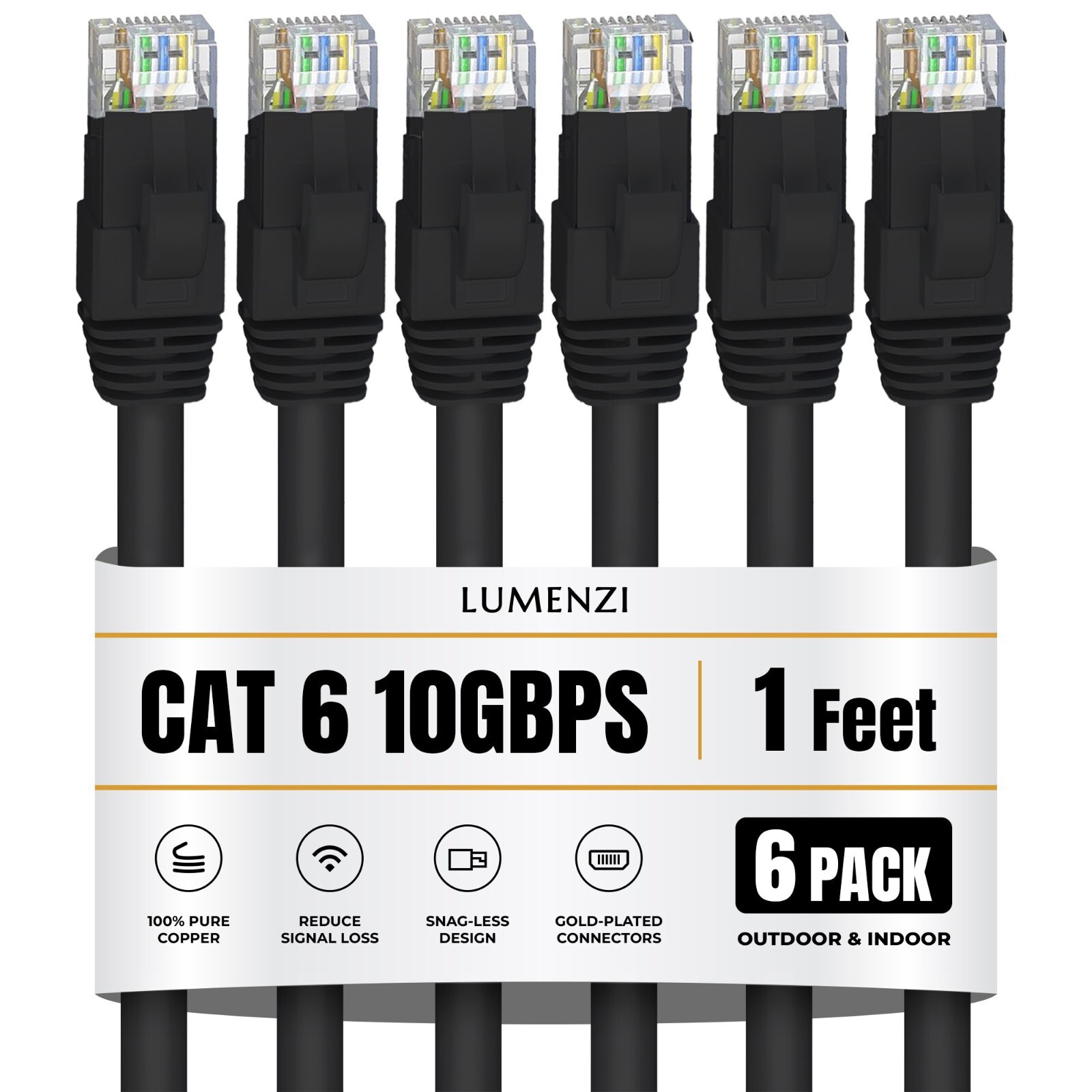 Cat 6 Ethernet Cable 6 Pack in 1 ft 10 Gbps Network Round Rj45 Black, Blue, Gray
