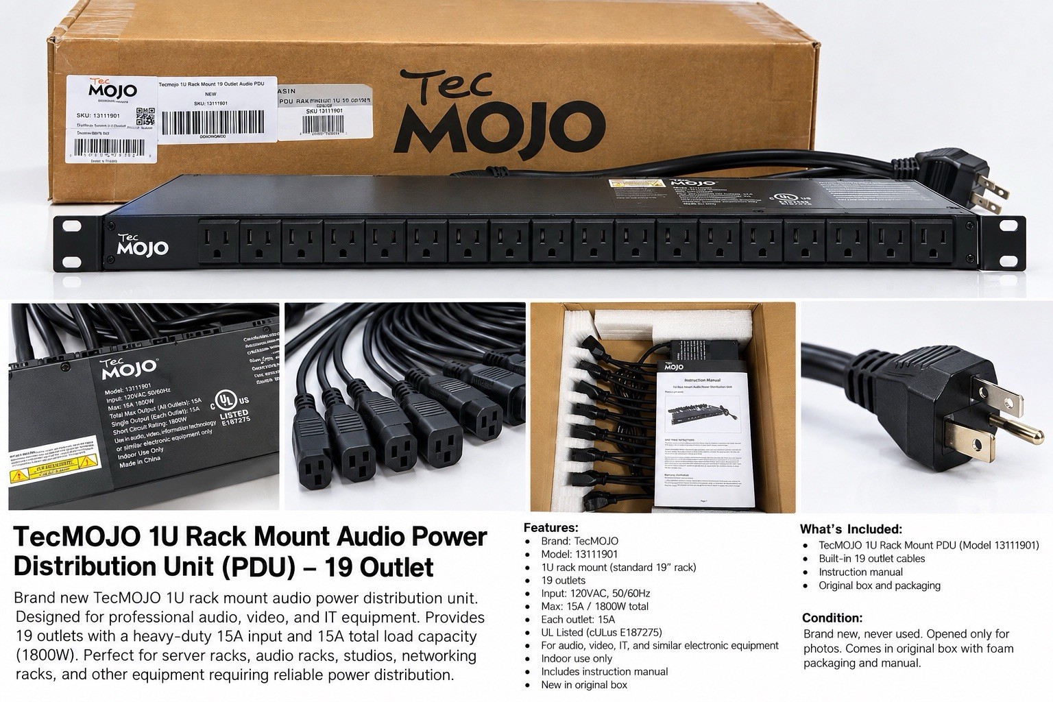 TecMOJO 1U Rackmount PDU 19-Out 15A 120VAC NEMA 5-15P/R Black 13111901