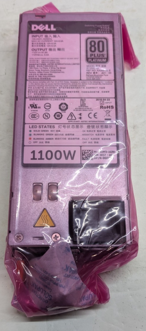Dell 0GDPF3 1100W 80 PLUS Platinum PSU E1100E-S0 R720 R620 R520 Power Supply NOS