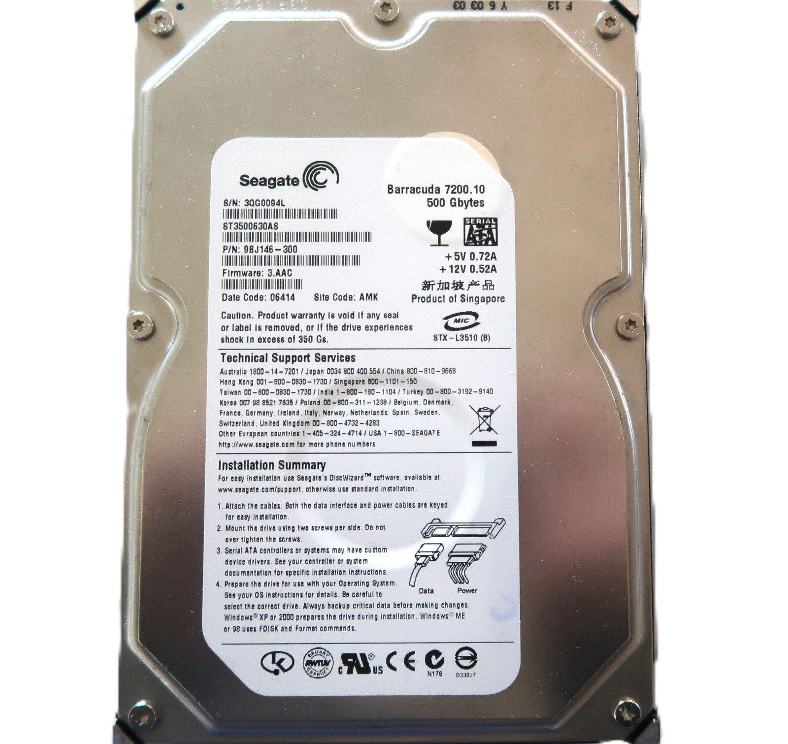 Seagate ST3500630AS 9BJ146-300 3.AAC (3QG) AMK 500gb 3.5" Sata HDD 04/2006