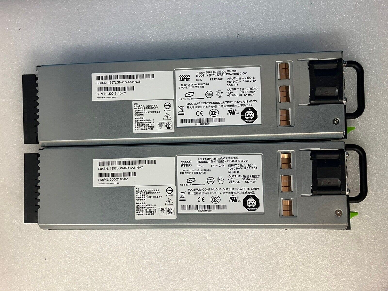~ (Lott of 2) Sun ASTEC T2000 450W Power Supply 300-2110-02 DS450HE-3-001