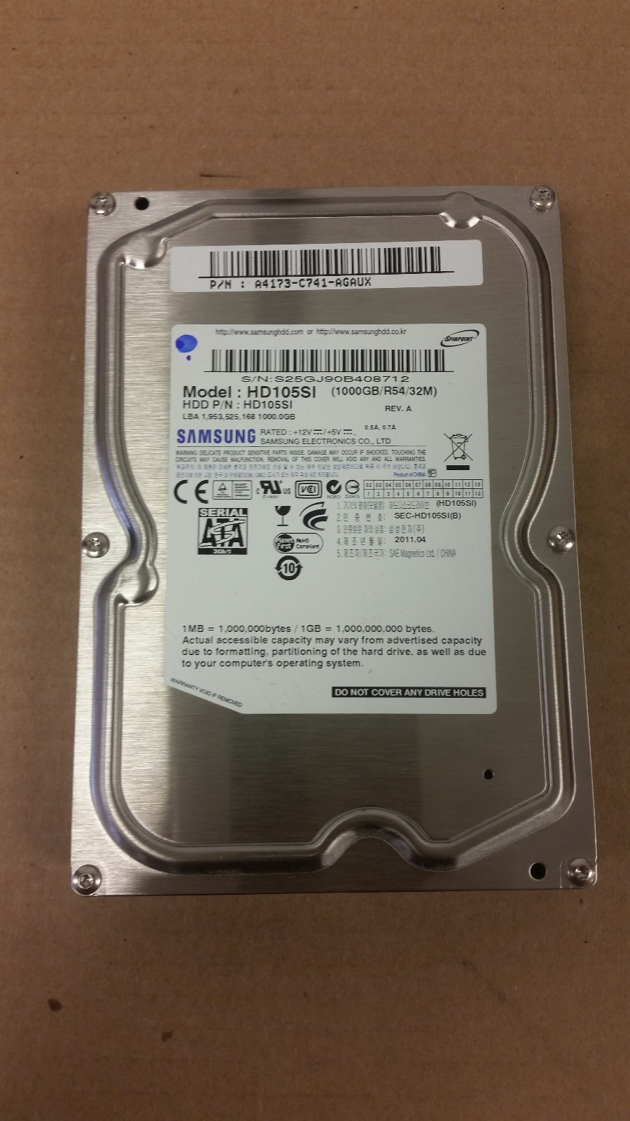 SAMSUNG SPINPOINT HD105SI 1TB SATA HARD DRIVE P/N: A4173-C741-AGAUX